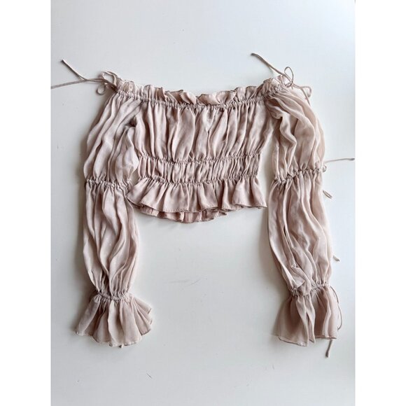 CHRISSY TEIGEN x REVOLVE Sands Nude Chiffon Ruched Off Shoulder Blouse, Size XS - Picture 10 of 14